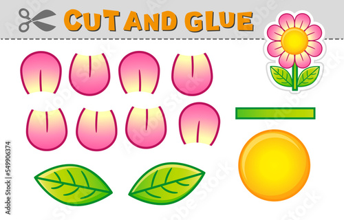 Cut out applique and glue a flower. Vector illustration. Paper game for children's creativity, activity and learning