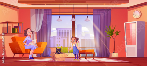 Mother bring kitten in carton box to happy little girl at home. Pets adoption, excited baby get cute foundling cat. Birthday gift, feline animal friend and child, Cartoon vector illustration