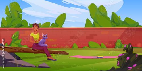 Woman with cat relax on summer house backyard landscape with green lawn and brick wall fence. Cartoon female character with pet enjoying outdoor recreation at countryside area, Vector illustration
