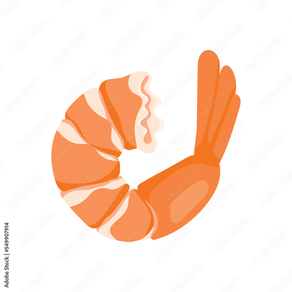 Peeled boiled shrimp with a tail, in cartoon style. Icon or badge with a dish for Asian cuisine and seafood Peeled boiled shrimp with a tail, in cartoon style. Icon or badge with a dish for Asian cuisine and seafood