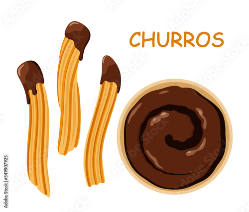 A set of churros with chocolate. Mexican food.
