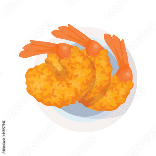 Dish with three shrimp tempura, breaded, crispy, deep fried in batter. Plate for menu Asian cuisine