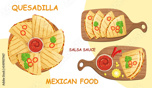 A set of quesadillas with salsa sauce. Mexican food.
