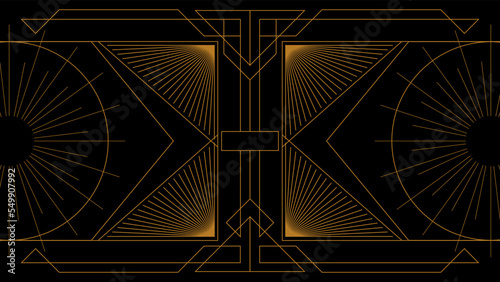 Art deco background with golden line and geometric shape on black background. Design element for wedding template, greeting card, retro card, art deco line frame border. Vector illustration