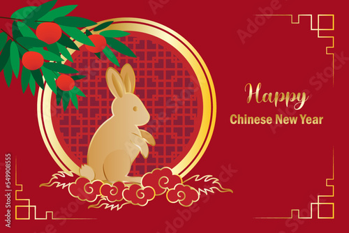 Happy Chinese New Year card, Year of Rabbit traditional design.  Gold rabbit on Chinese lattice window frame and plum bracch, red background. Vector Illustration.
