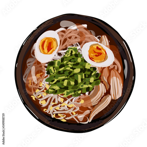 Japanese ramen soup with chicken, noodles, eggs, chopped green onion. Outlane doodle illustration for restaurant menu. Top view. Vector illustration. photo