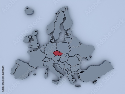 3D rendered map of Europe with bright colors focused on Czechia