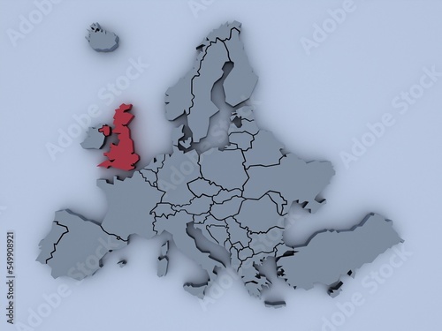 3D rendered map of Europe with bright colors focused on United Kingdom