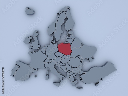 3D rendered map of Europe with bright colors focused on Poland