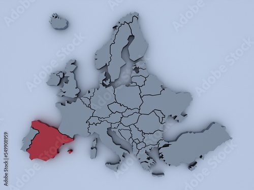 3D rendered map of Europe with bright colors focused on Spain
