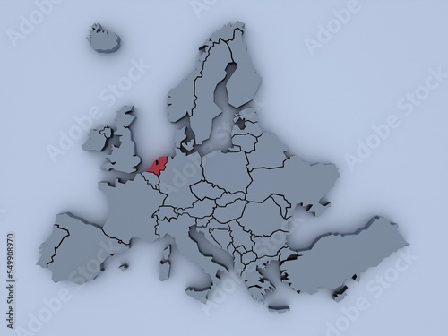 3D rendered map of Europe with bright colors focused on Netherlands