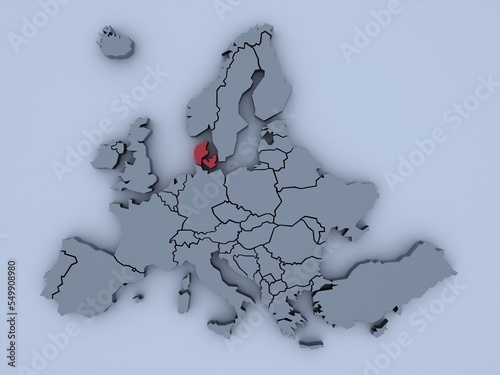 3D rendered map of Europe with bright colors focused on Denmark
