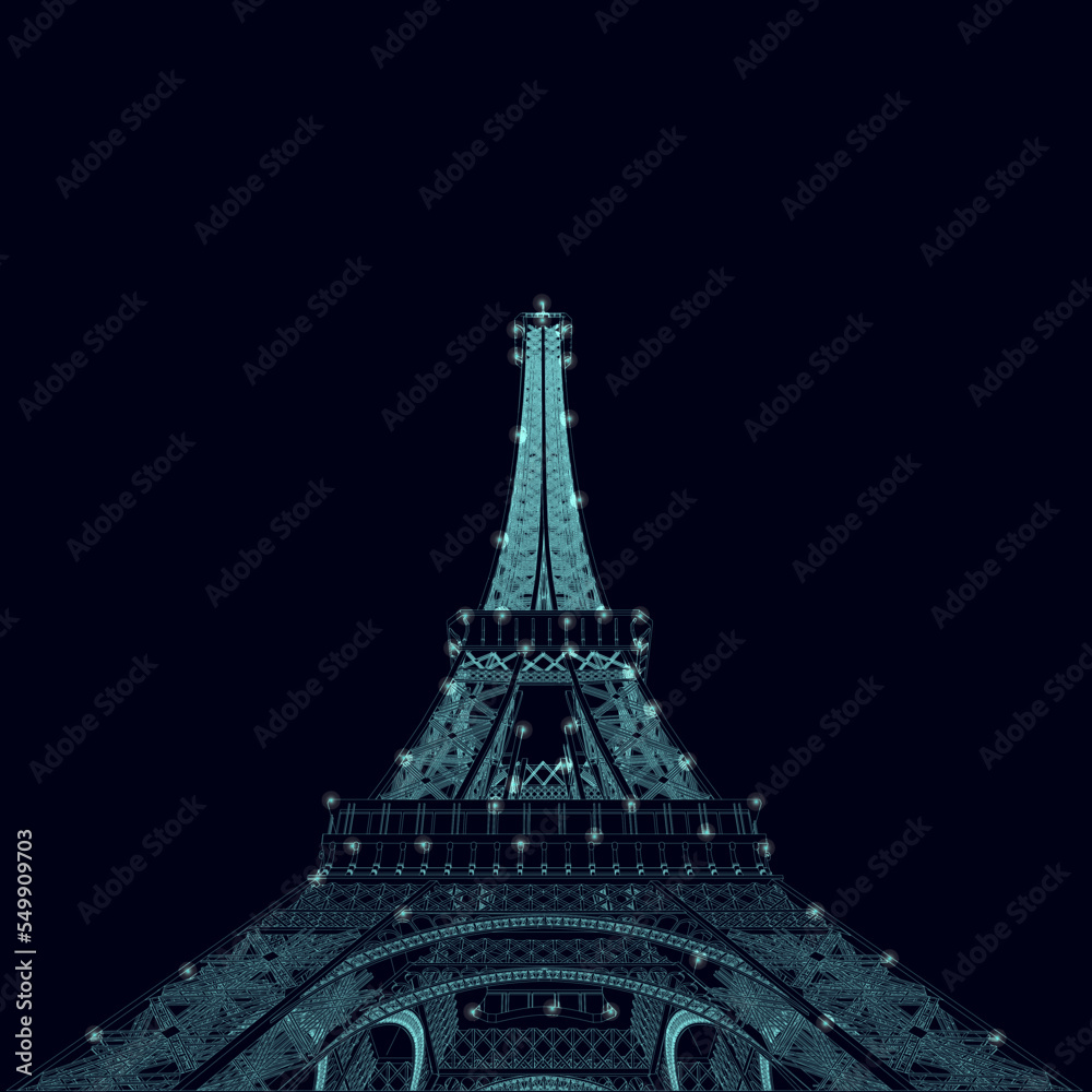 Eiffel Tower wireframe with glowing lights from blue lines isolated on dark background. Bottom view. 3D. vector illustration.