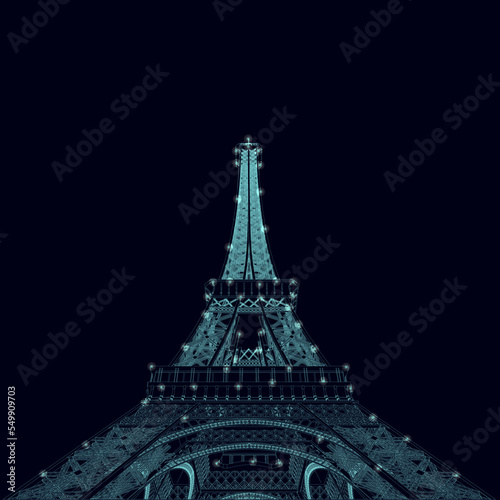 Eiffel Tower wireframe with glowing lights from blue lines isolated on dark background. Bottom view. 3D. vector illustration. © German Ovchinnikov