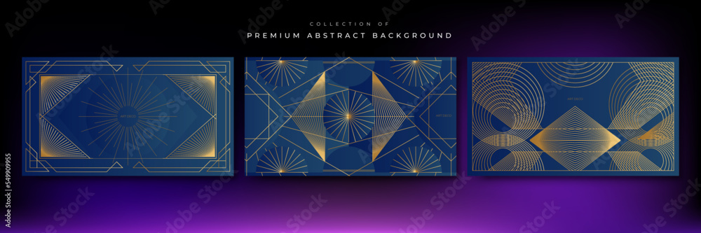 Art deco background with golden line and geometric shape on blue background. Design element for wedding template, greeting card, retro card, art deco line frame border. Vector illustration Art deco background with golden line and geometric shape on blue background. Design element for wedding template, greeting card, retro card, art deco line frame border. Vector illustration