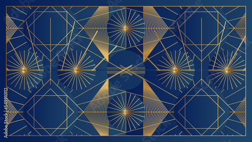 Art deco background with golden line and geometric shape on blue background. Design element for wedding template, greeting card, retro card, art deco line frame border. Vector illustration
