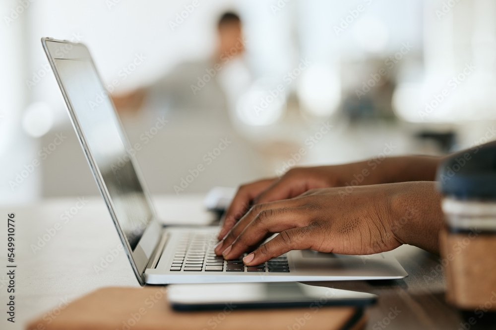 Hands typing, working and computer planning of a black woman in a coffee shop with digital work. Web development, woman and tech programmer coding a website design doing remote work in a restaurant Hands typing, working and computer planning of a black woman in a coffee shop with digital work. Web development, woman and tech programmer coding a website design doing remote work in a restaurant