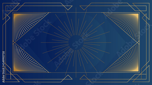 Art deco background with golden line and geometric shape on blue background. Design element for wedding template, greeting card, retro card, art deco line frame border. Vector illustration