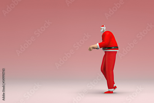 A man wearing Santa Claus costume. He is expression of hand when talking. 3d rendering of cartoon character in acting.