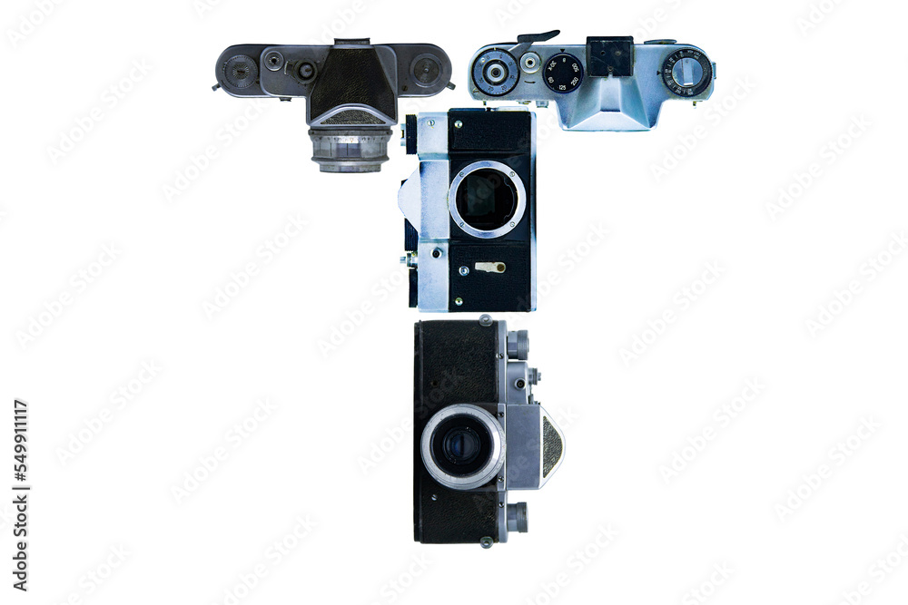 The letter T, made of cameras