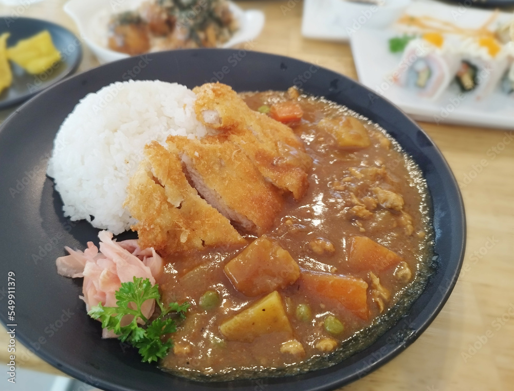 Tonkatsu Japanese Chicken Cutlet Curry With Rice. Japanese Food. Potato Carrot Masala Curry. Tonkatsu Japanese Chicken Cutlet Curry With Rice. Japanese Food. Potato Carrot Masala Curry.