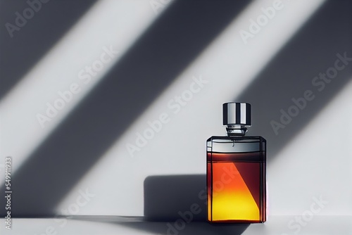  a bottle of perfume sitting on a table with a shadow on it's wall behind it and a light coming through the window. Generative AI