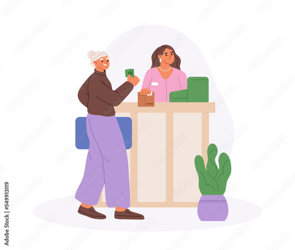 Older woman at post office paying bills or buying stamp and envelope to sent letter mail Older woman at post office paying bills or buying stamp and envelope to sent letter mail