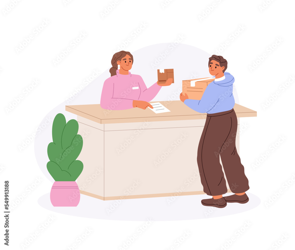 Man sending parcel from post office. Young customer stand at counter desk at post building with box