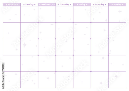 Elegant monthly planner calendar cute table flat. Stellar magical space purple time management a4 template office desk universal layout to do keep track task list reminder organizer tracking schedule