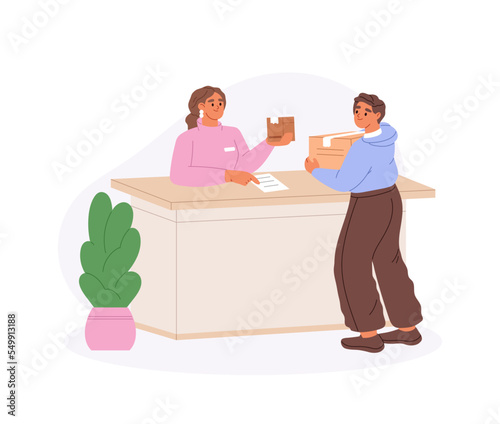 Man sending parcel from post office. Young customer stand at counter desk at post building with box