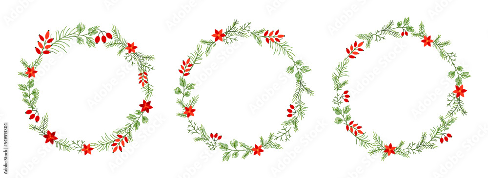 Christmas plant wreath berry spruce linear flat set. New Year greeting card holiday circle sticker label minimalism frame border. Traditional palette white red green briar poinsettia fir branch decor