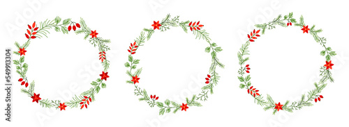 Christmas plant wreath berry spruce linear flat set. New Year greeting card holiday circle sticker label minimalism frame border. Traditional palette white red green briar poinsettia fir branch decor
