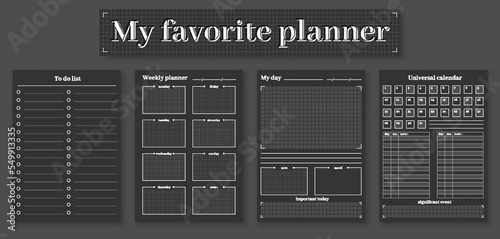 Planner template black page life organizer bw flat set. Business design reminder important task time control day week month year universal to-do list routine schedule management efficient planning