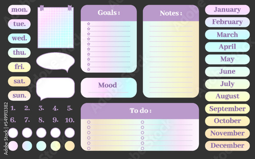 Note card sticker scrapbooking planner flat set. Rainbow gradient halographic pastel day of the week months to do list mood goals speech bubble number grid stamp personal memo blank document isolated photo