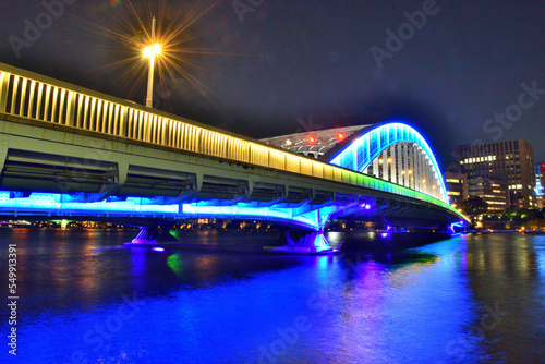 青く光る隅田川に架かる永代橋と屋形船