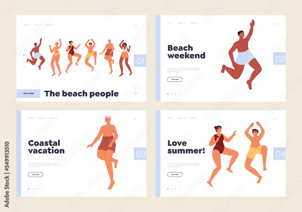 Beach people enjoy coastal summer vacation concept of landing pages with happy young tourist dance