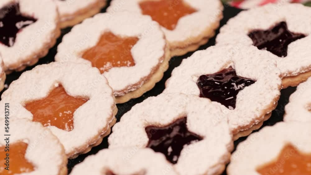 Handmade Christmas cookies. Linzer cookies. Holiday baking and decor for Christmas and New Year Handmade Christmas cookies. Linzer cookies. Holiday baking and decor for Christmas and New Year