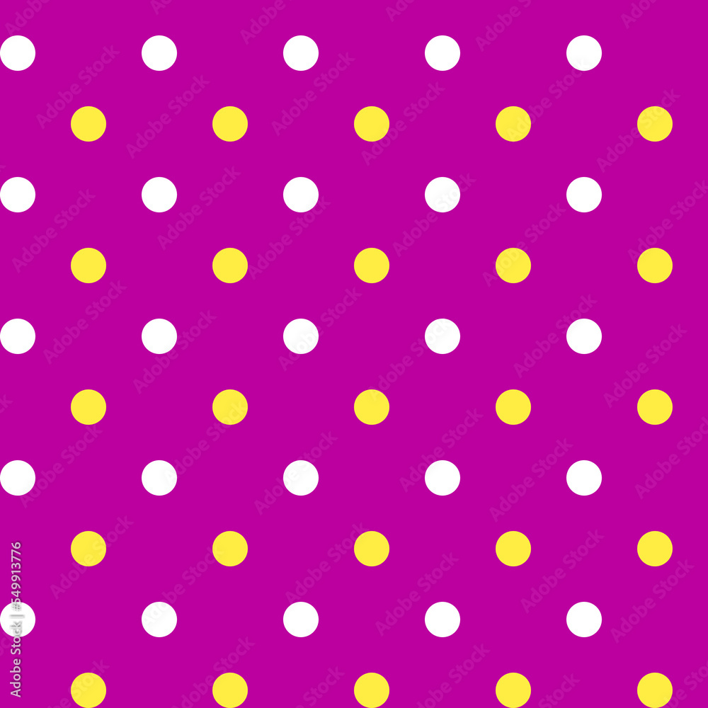 Abstract geometric seamless pattern of vivid pink, yellow and white colors polka dots