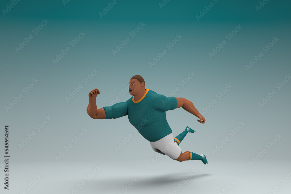 Fototapeta premium An athlete wearing a green shirt and white pants is jumping. 3d rendering of cartoon character in acting.