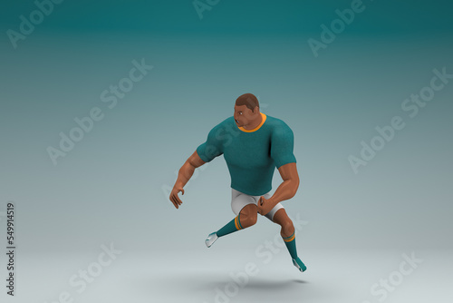 An athlete wearing a green shirt and white pants is jumping. 3d rendering of cartoon character in acting.