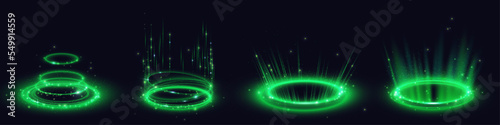 Circle digital portals, neon light platforms with glow and sparkles isolated on black background. Futuristic teleport podiums, healing aura for game interface, vector realistic set