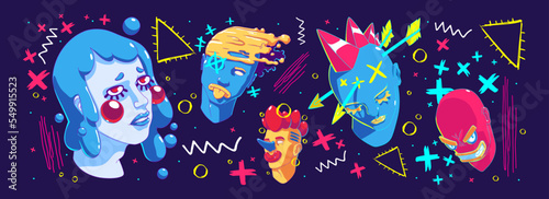 Abstract illustration with contemporary portraits, modern vector design. Creative surreal art of male and female characters faces with strange hairstyle and doodle elements, Cartoon linear graphics