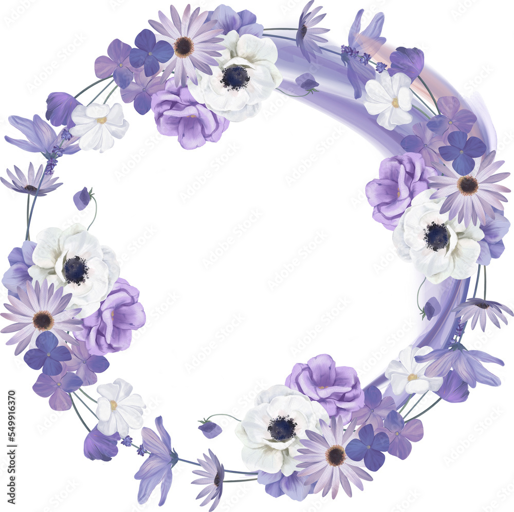 Round purple floral wreath, Floral collection with flower and leaves. Hand painted set spring decorative design elements
