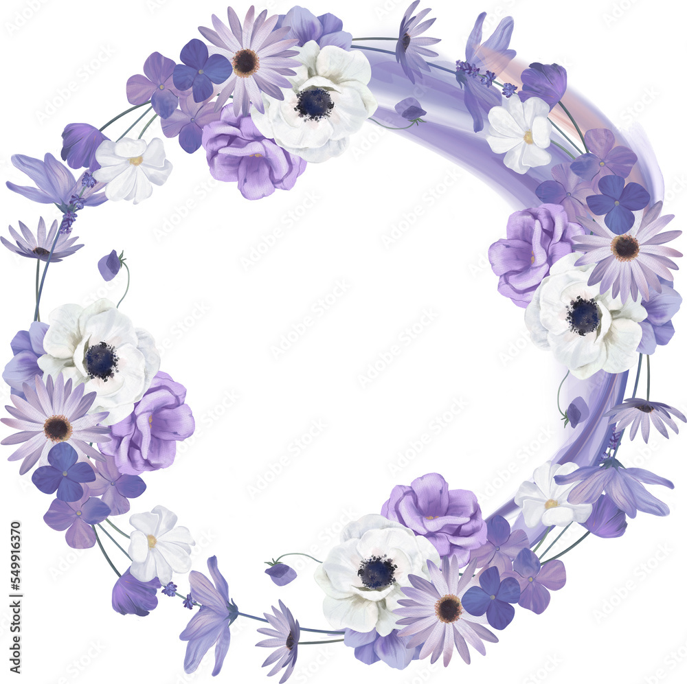 Round purple floral wreath, Floral collection with flower and leaves. Hand painted set spring decorative design elements Round purple floral wreath, Floral collection with flower and leaves. Hand painted set spring decorative design elements