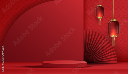 Podium stage chinese style for chinese new year and festivals or mid autumn festival with red background. mock up stage with festive lanterns and clouds. vector design.