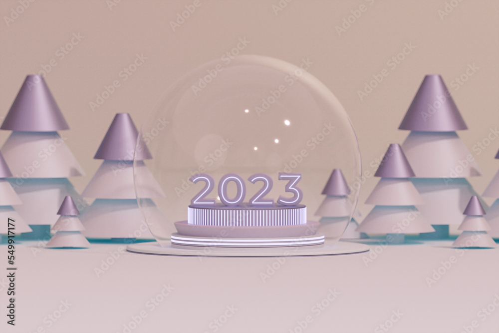 Snow globe with gold platform, beige, purple shapes, balls and pine trees. Podium, stand with lighting for christmas holiday winter concept and magazines, poster, banner. 3D rendering