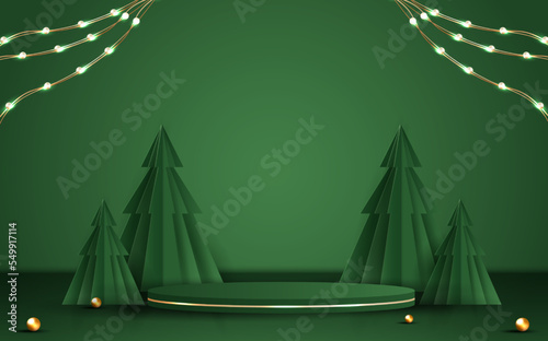 Podium shape for show cosmetic product display for Christmas day or New Years. Stand product showcase on red background with tree christmas. vector design.