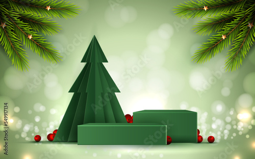 Podium shape for show cosmetic product display for Christmas day or New Years. Stand product showcase on red background with tree christmas. vector design.