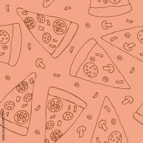 pizza seamless pattern hand drawn in doodle style. Suitable for menu, packaging, wrapping paper, wallpaper, background, textile, digital paper.
