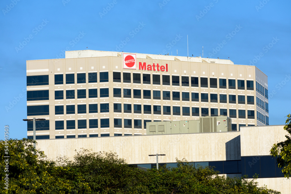 Mattel sign logo on headquarters building of American multinational toy